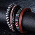Detailed close-up of multilayer leather and wood bead bracelets with ethnic woven patterns - N02 Brown Rivet Ethnic Set