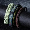 Macro detail of multi-layer ethnic bracelets with green wood beads and woven leather - Vintage Ethnic Collection (N05) / 4 Pieces / N05
