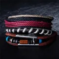 Close-up of bohemian multilayer leather bracelets with wood beads and woven hemp cords - Vintage Ethnic Collection (N010) / 4 Pieces / N010