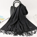Solid black cashmere-feel winter scarf with elegant fringe detail and material tag - 200*70cm / Black
