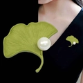 Elegant green ginkgo leaf brooch with white pearl inlay for women's fashion - Green Ginkgo Pearl