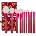 Professionele 13-delige wijnrode make-up borstelset met elegante kersenbloesem opbergtas - Set van 12 Rode Penselen met Brokaat Opbergtas