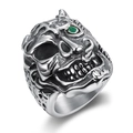 Vintage punk roestvrijstalen schedelring met groen edelsteenoog detail - US 12 / Antiek Zilver (11206)