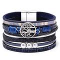 Detail of blue multilayer leather bracelet with tree of life charm and magnetic clasp - Blue