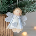 Handcrafted Christmas wool felt angel ornament with sequin wings on a festive tree branch - No.7 (White Angel Girl)