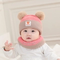 Set berretto e sciarpa in maglia per neonati con doppi pompon e calda fodera polare - Rosa & Beige
