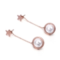 Elegant rose gold star earrings with chain and white pearl drop on white background - Star Rose Gold (KE85779-KFC)