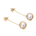 Golden titanium steel earrings featuring star studs with chain and pearl pendant - Star Gold (KE85781-KFC)