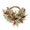Christmas wreath with green pine needles, natural pine cones and red berries on a vine base - Encrypted Large Pinecone