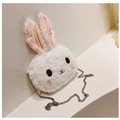 Detailed close-up of white plush bunny crossbody bag with pearl metal chain strap - Chain Style
