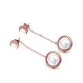 Pendientes largos de luna y perla en acero inoxidable color oro rosa - Oro rosa