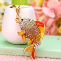 Sparkling goldfish keychain with rhinestones and colorful enamel on a gold-plated ring - Orange Lucky Fish