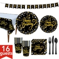 Black and gold birthday party set for 16 guests with banners, plates, cups and tableware - Black Gold Party Tableware Set (Banner, Plates, Cups, Napkins, Tablecloth, And Cutlery)
