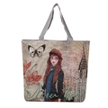 Detail van de geborduurde New York shopper met jacquardtextuur en gestreept handvat - Exclusieve Rode Hoed Vrouw En New York Gebouw Stijl