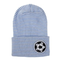 Newborn baby knit beanie with blue and white stripes and soccer ball embroidery - Blue & White Stripe With Soccer