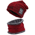 Winter knit beanie and scarf set in red and black mix with warm gray plush lining - Burgundy