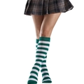 Detail showing green and white striped over-knee socks with a knit texture and plaid skirt - Green White Wide Stripes