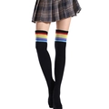 Over-knee socks in black featuring vibrant rainbow stripes for Halloween and cosplay - Black Athletic Rainbow Striped