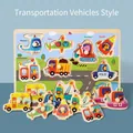 Wooden vehicle puzzle with knob handles featuring helicopter plane and excavator toys - Construction Vehicles