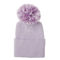 Detailed view of soft purple and white striped knit baby beanie with a large fluffy pompom - Purple And White Striped Hat With Purple White Pom