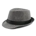 Classic grey striped fedora hat for men with black ribbon trim on white background - M / Gray