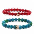 Turquoise crown bead bracelets for couples featuring rose gold micro-pave crown accents - Red Turquoise Rose Gold Crown Set