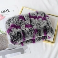 Close-up of luxury real rex rabbit fur scarf in striped purple, grey and black tones - One Size Stretchy