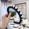 Elegant navy blue velvet wide headband adorned with large white faux pearls for women - Navy Blue