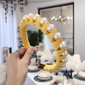 Vintage yellow velvet headband with large white pearl beads in a handmade style - Yellow