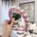 Pink velvet headband featuring large white pearls wrapped in stylish gold wire design - Pink