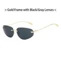 Y2K rimless sunglasses featuring gold metal temples and gradient black grey lenses - Gold Frame Black Grey