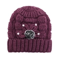 Bonnet en tricot violet foncé pour femme avec motif en spirale et détail floral strass - Taille unique / Violet