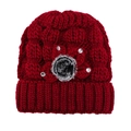 Bonnet d'hiver épais en maille torsadée rouge foncé pour femme avec décor de fleurs - Taille unique / Rouge