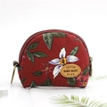 Dark red floral canvas coin purse with zipper and semi-circle keychain design - Date Red Floral