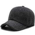 Men's wool blend baseball cap in dark gray tweed with warm ear protection design - Adjustable / Plain Black