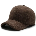 Men's wool blend winter baseball cap in dark brown textured tweed fabric with ear flaps - Adjustable / Plain Coffee