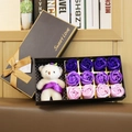 Gift box with 12 purple soap roses and a small white bear with a golden ribbon bow - 12pcs Purple With Bear