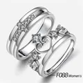 Women's silver plated crown ring with zircon inlay and adjustable open band design - F088 Women's Style