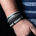Men's vintage multilayer bracelet set with leather, metal rivets, and checkered pattern - Vintage Ethnic Collection (N014) / 4 Pieces / N014