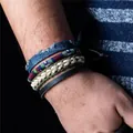 Set of four bohemian bracelets featuring denim fabric, woven beads, and braided leather - Vintage Ethnic Collection (N013) / 4 Pieces / N013