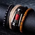 Bohemian multi-layer friendship bracelet set with wooden beads and braided leather - Vintage Ethnic Collection (N04) / 5 Pieces Pack / N04