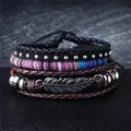 Bohemian multilayer leather bracelets with metal feather charm and ethnic beads - Vintage Ethnic Collection (N08) / 4 Pieces / N08