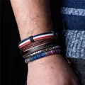 Ethnic multilayer bracelet set with wooden beads and woven leather in bohemian style - N011 Blue White Red Ribbon Retro Set