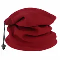 Detail of dark red fleece neck warmer with adjustable black elastic drawstring toggle - Burgundy