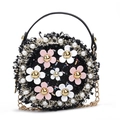 Black tweed round shoulder bag for girls with pink floral accents and pearl trim - Black