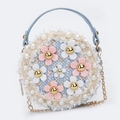Cute round straw bag with pearl decorations and pink floral accents for kids - Blue