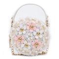 Cream white woven round handbag for girls with pearl flowers and gold chain strap - Off White