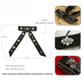 Detailed infographic of 15.6cm velvet bow hair clip with crystals and pearls - Dark Green