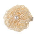 Detailed view of beige fabric flower hair clip with large pearl center on ribbon wrapped clip - #9 Beige Nest Flower-Clip