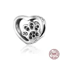 925 sterling silver heart charm bead with black gemstone paw print pattern - Hollow Heart Black Zirconia Paw (SCC1191-BK)